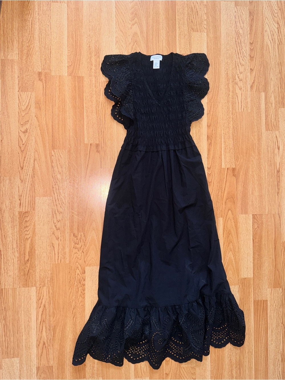 Calypso St. Barth Black Eyelet Maxi Dress- Ruffle Sleeves-Smocked Bodice NWT xs